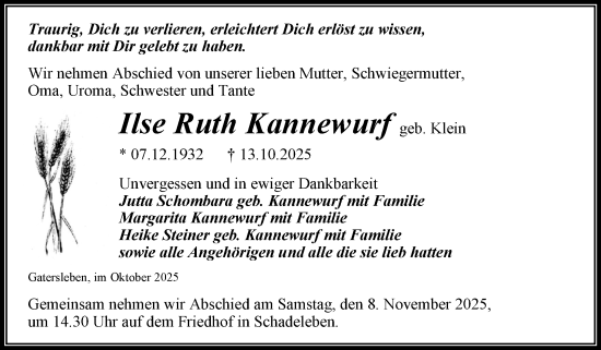 Traueranzeige von Ilse Ruth Kannewurf von Trauerkombi Aschersleben