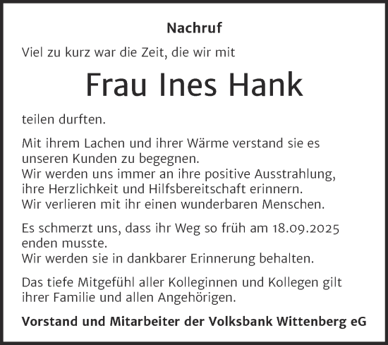 Traueranzeige von Ines Hank von Super Sonntag Wittenberg