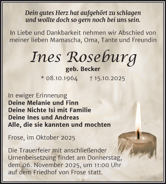 Traueranzeige von Ines Roseburg von Trauerkombi Aschersleben