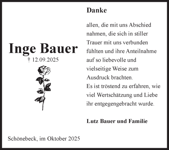 Traueranzeige von Inge Bauer von Volksstimme Schönebeck