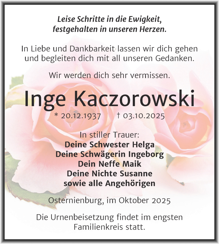  Traueranzeige für Inge Kaczorowski vom 14.10.2025 aus Trauerkombi Köthen