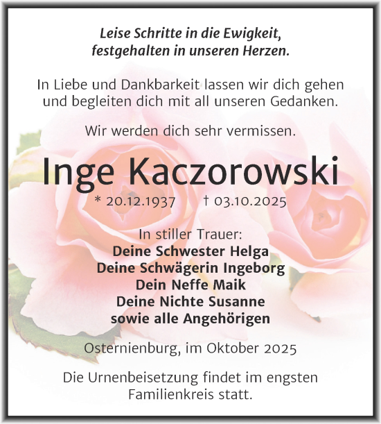 Traueranzeige von Inge Kaczorowski von Trauerkombi Köthen