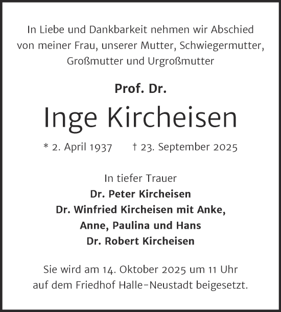 Traueranzeige von Inge Kircheisen von Mitteldeutsche Zeitung Halle/Saalkreis