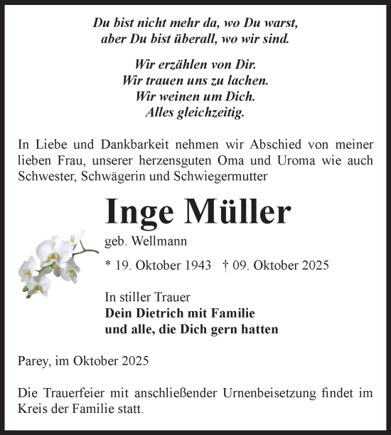 Traueranzeige von Inge Müller von Volksstimme Burg/Genthin