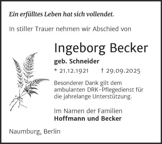 Traueranzeige von Ingeborg Becker von Naumburger Tageblatt