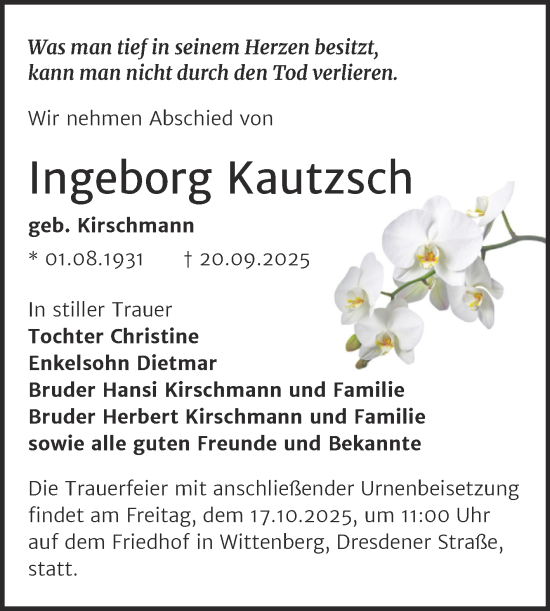 Traueranzeige von Ingeborg Kautzsch von Trauerkombi Wittenberg