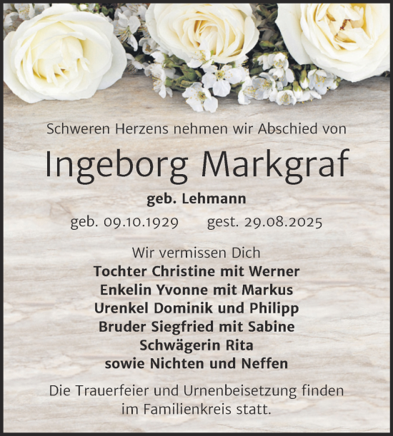 Traueranzeige von Ingeborg Markgraf von Trauerkombi Wittenberg