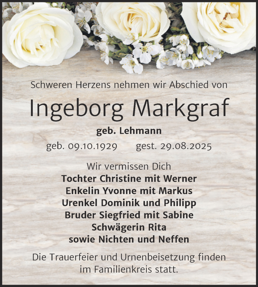  Traueranzeige für Ingeborg Markgraf vom 04.10.2025 aus Trauerkombi Wittenberg