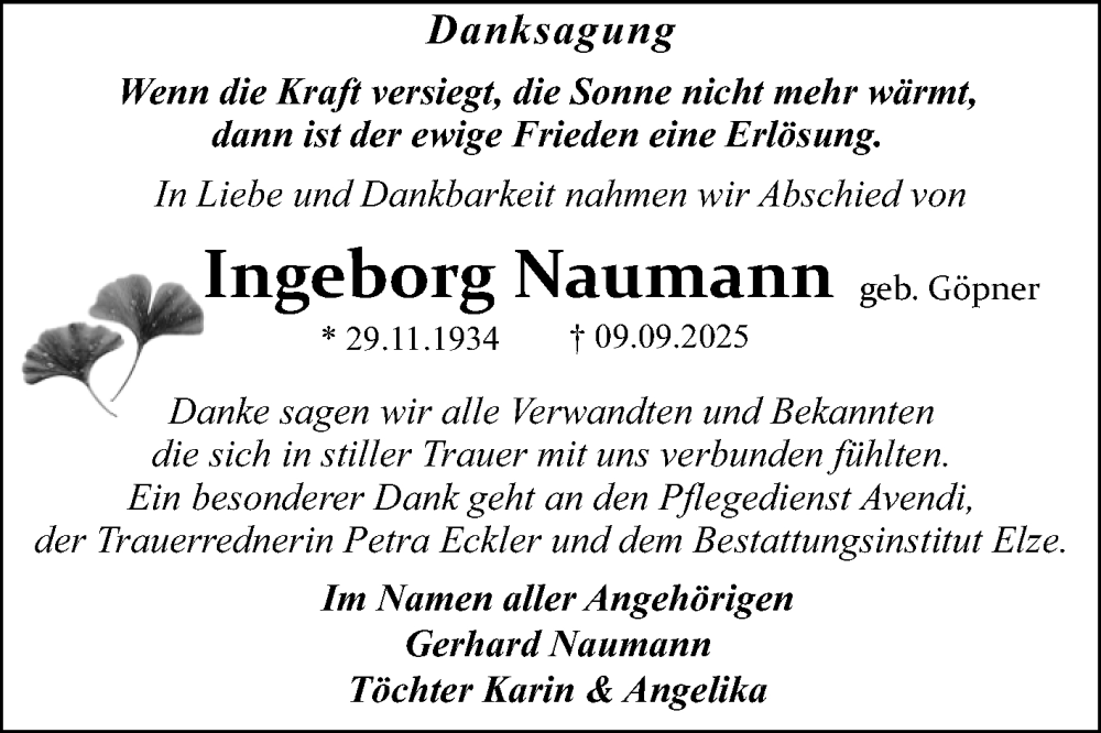  Traueranzeige für Ingeborg Naumann vom 11.10.2025 aus Trauerkombi Dessau
