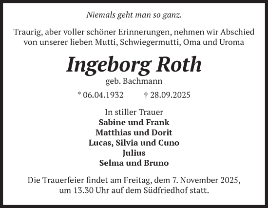 Traueranzeige von Ingeborg Roth von Volksstimme Magdeburg