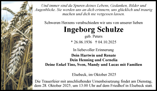 Traueranzeige von Ingeborg Schulze von Volksstimme Altmark West