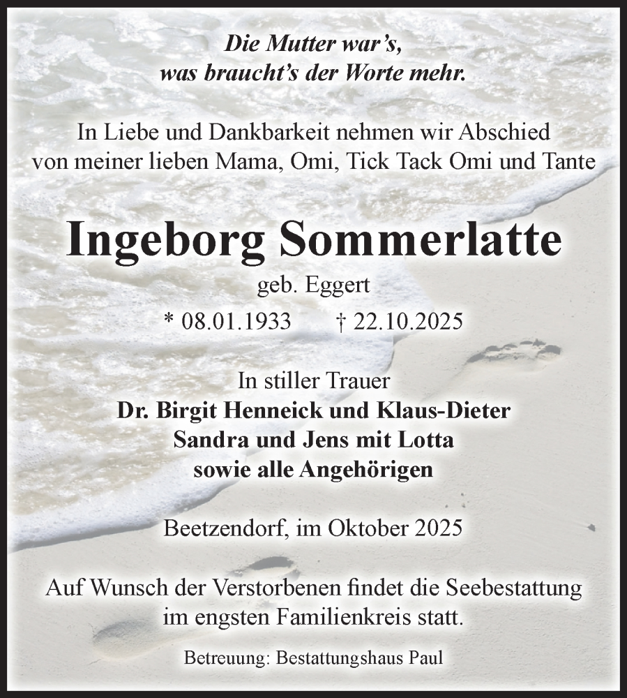  Traueranzeige für Ingeborg Sommerlatte vom 25.10.2025 aus Volksstimme Altmark West