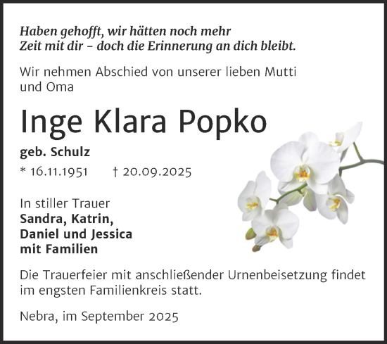 Traueranzeige von Inge Klara Popko von Trauerkombi Merseburg