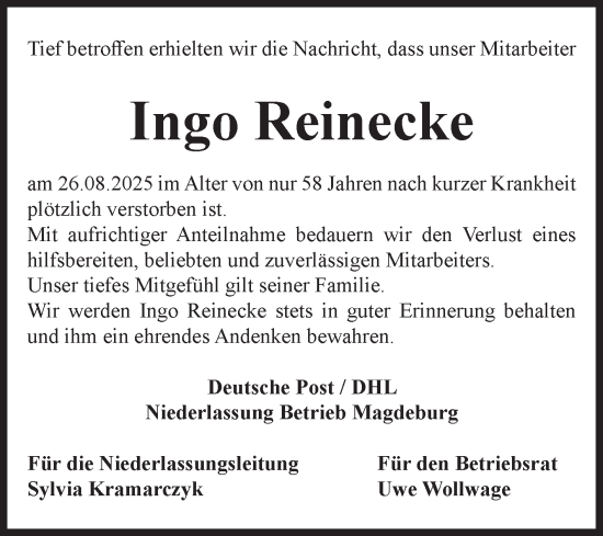 Traueranzeige von Ingo Reinecke von Volksstimme Magdeburg