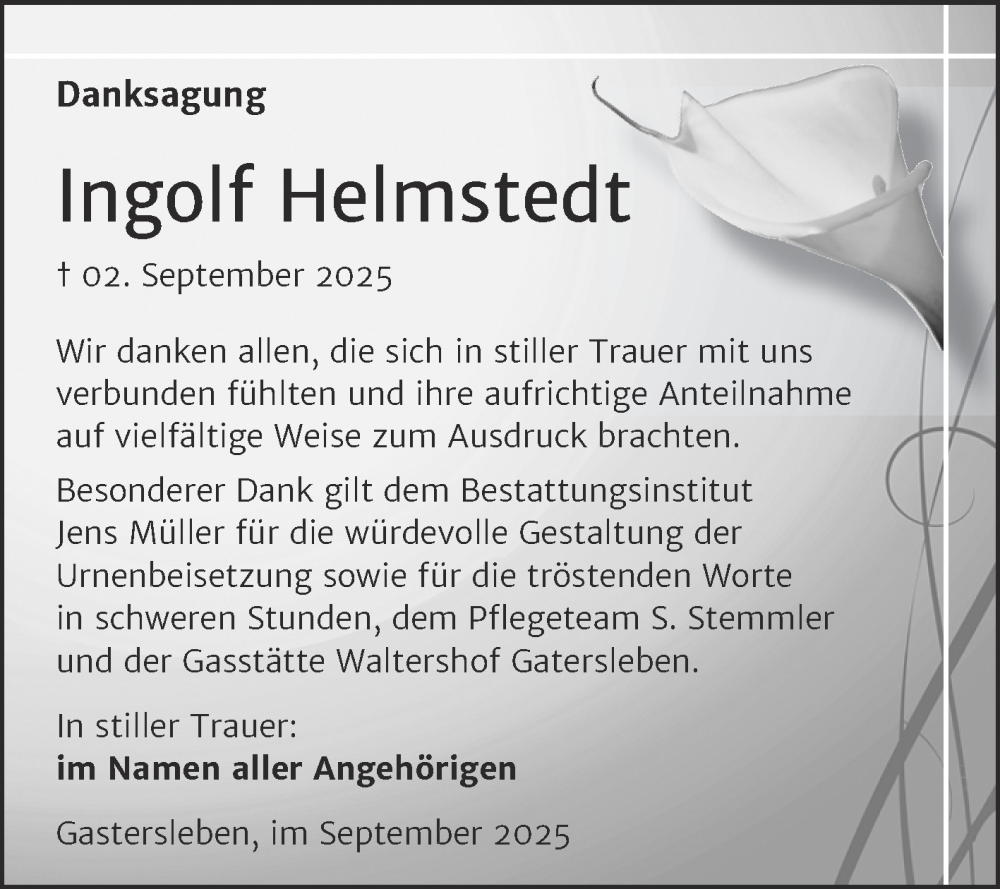  Traueranzeige für Ingolf Helmstedt vom 11.10.2025 aus Trauerkombi Aschersleben
