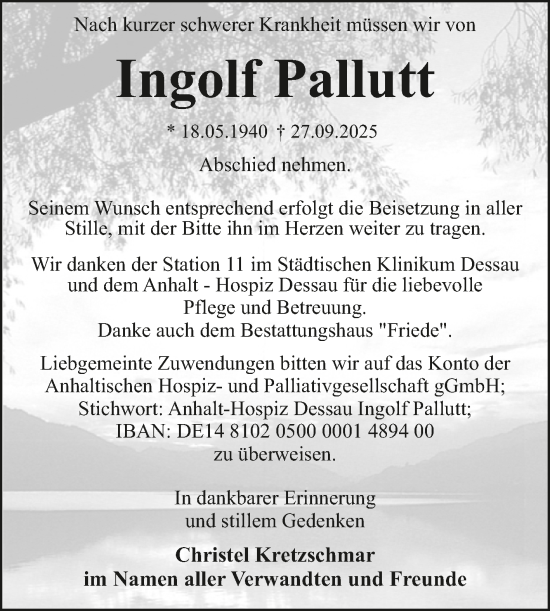 Traueranzeige von Ingolf Pallutt von Trauerkombi Dessau