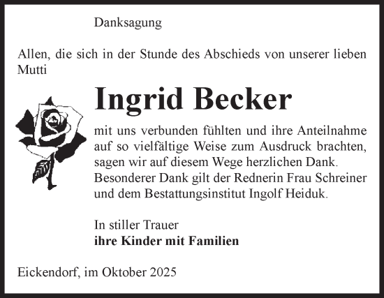 Traueranzeige von Ingrid Becker von Volksstimme Schönebeck