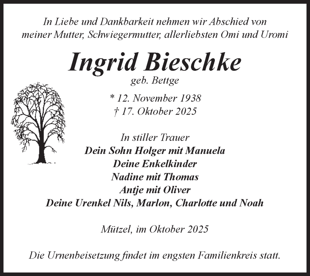  Traueranzeige für Ingrid Bieschke vom 25.10.2025 aus Volksstimme Burg/Genthin