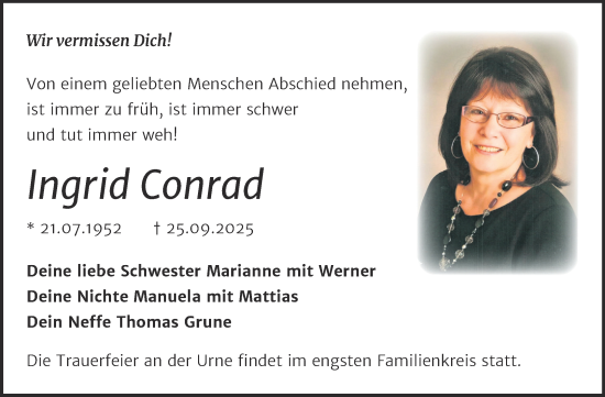 Traueranzeige von Ingrid Conrad von Trauerkombi Wittenberg