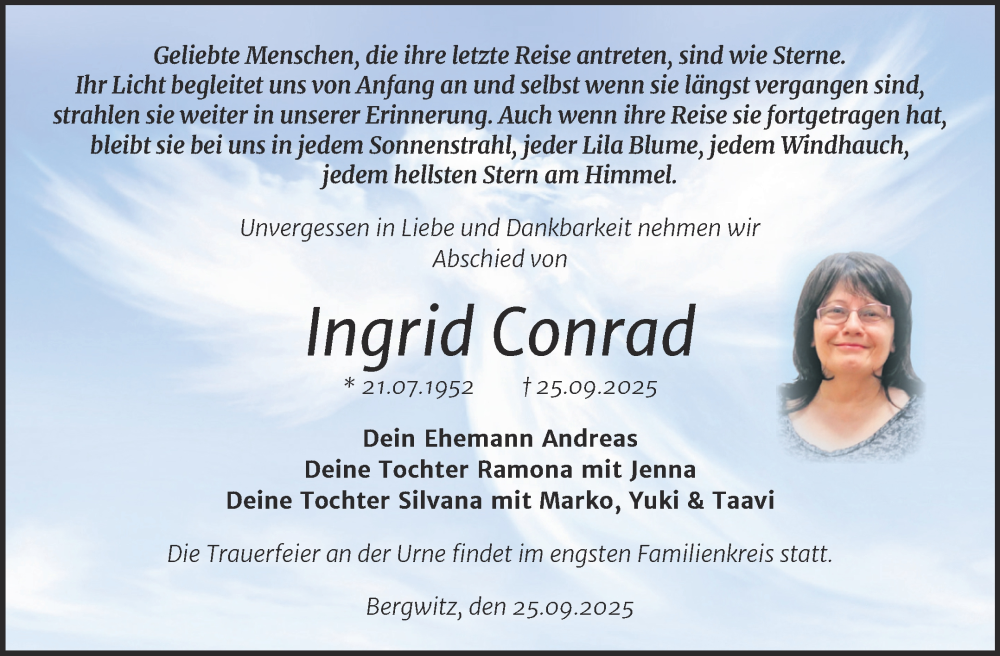  Traueranzeige für Ingrid Conrad vom 04.10.2025 aus Trauerkombi Wittenberg