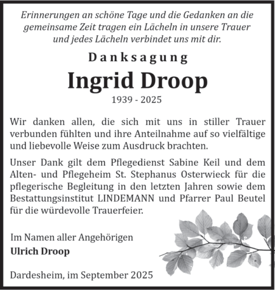 Traueranzeige von Ingrid Droop von Volksstimme Halberstadt