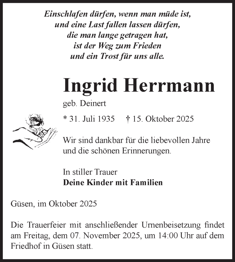  Traueranzeige für Ingrid Herrmann vom 25.10.2025 aus Volksstimme Burg/Genthin
