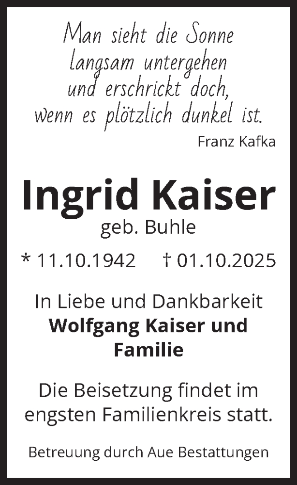  Traueranzeige für Ingrid Kaiser vom 11.10.2025 aus Volksstimme Magdeburg