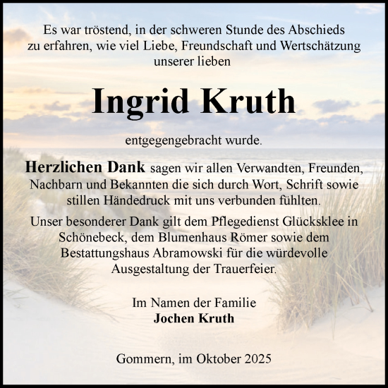 Traueranzeige von Ingrid Kruth von Volksstimme Burg/Genthin