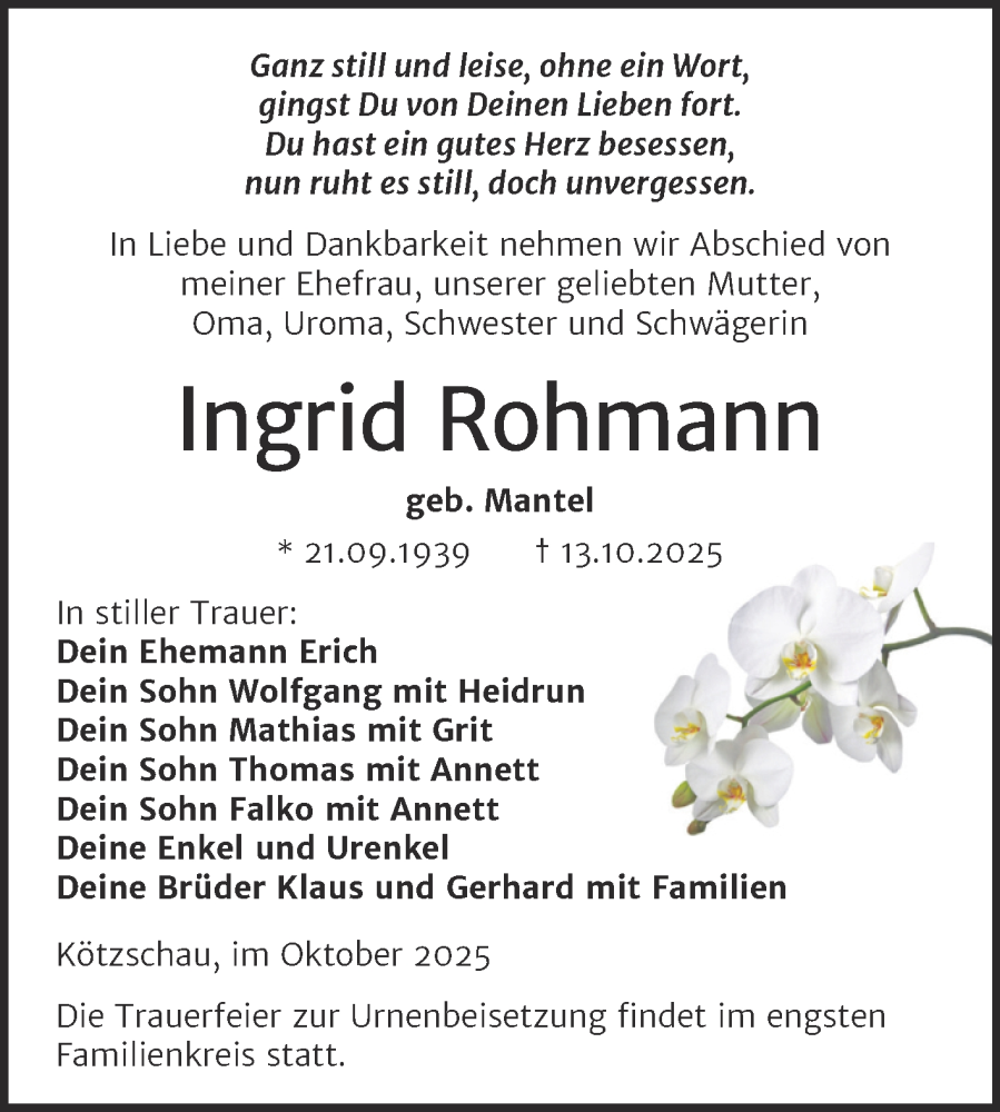  Traueranzeige für Ingrid Rohmann vom 25.10.2025 aus Trauerkombi Merseburg