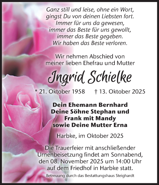 Traueranzeige von Ingrid Schielke von Volksstimme Oschersleben/Wanzleben