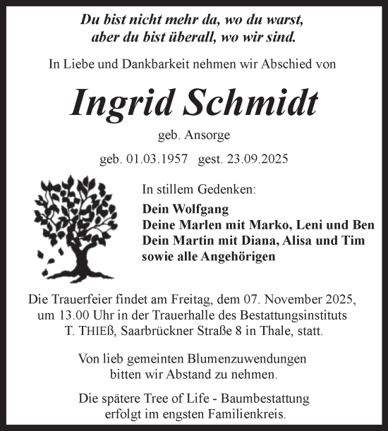 Traueranzeige von Ingrid Schmidt von Trauerkombi Quedlinburg