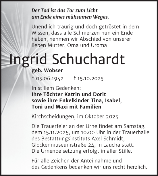 Traueranzeige von Ingrid Schuchardt von Super Sonntag Naumburg/Nebra