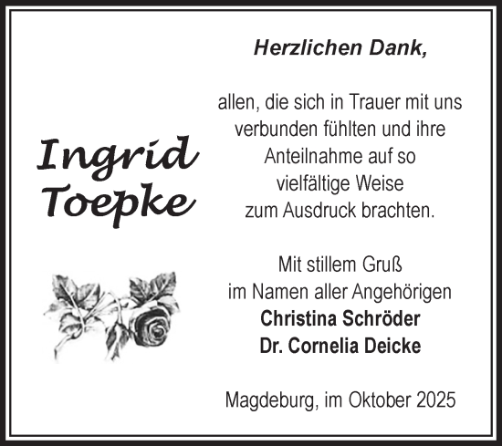 Traueranzeige von Ingrid Toepke von Volksstimme Magdeburg