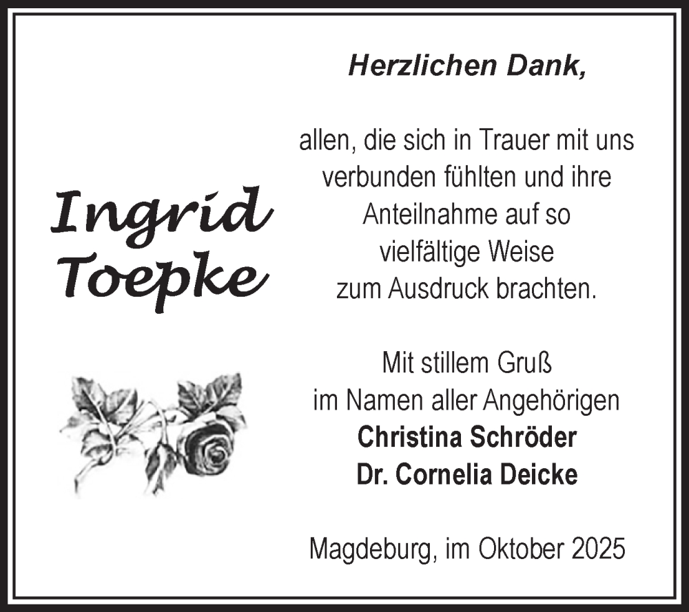  Traueranzeige für Ingrid Toepke vom 18.10.2025 aus Volksstimme Magdeburg