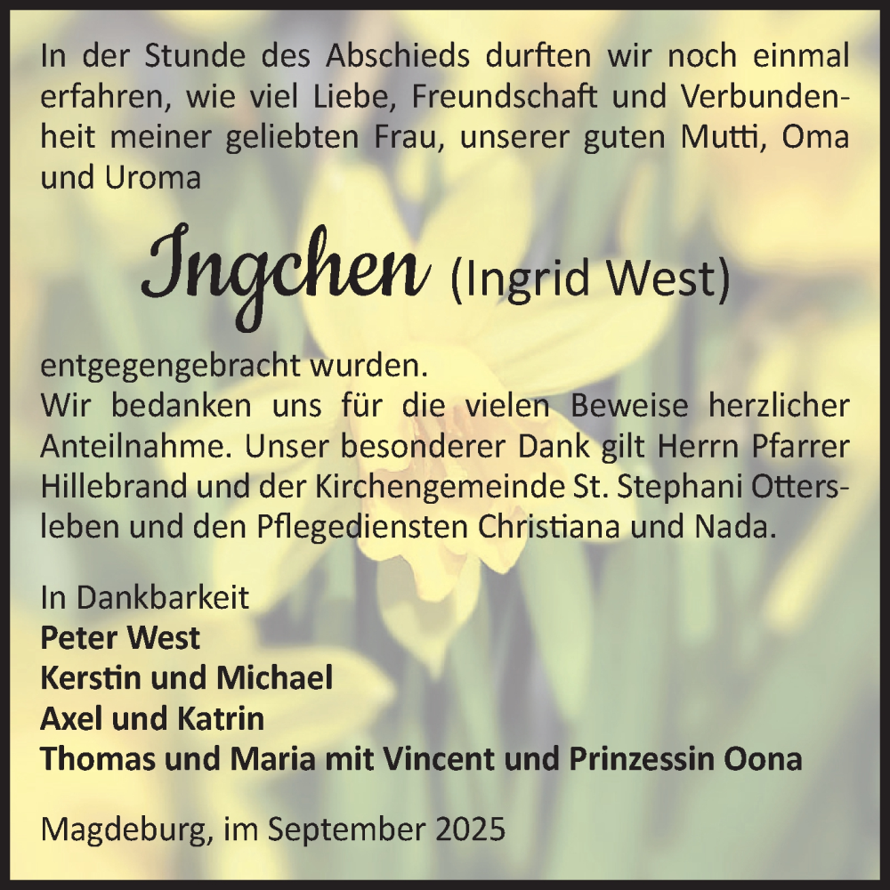  Traueranzeige für Ingrid West vom 04.10.2025 aus Volksstimme Magdeburg