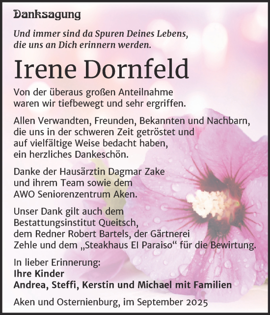 Traueranzeige von Irene Dornfeld von Trauerkombi Köthen