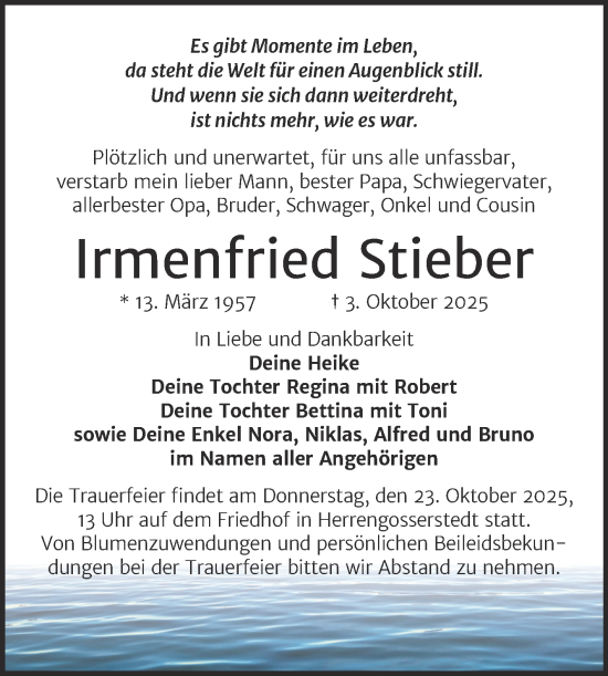 Traueranzeige von Irmenfried Stieber von Super Sonntag Naumburg/Nebra