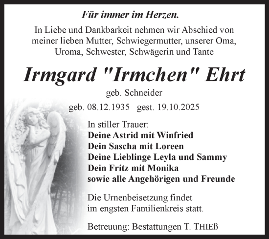 Traueranzeige von Irmgard Ehrt von Volksstimme Wernigerode