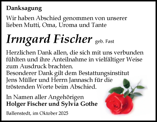 Traueranzeige von Irmgard Fischer von Trauerkombi Quedlinburg