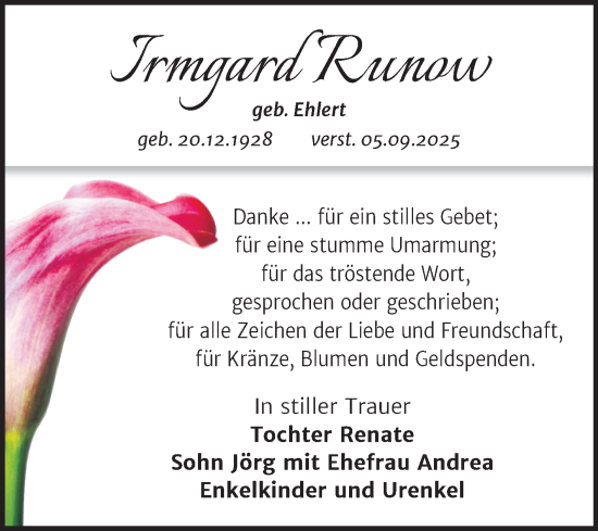 Traueranzeige von Irmgard Runow von Volksstimme Altmark West