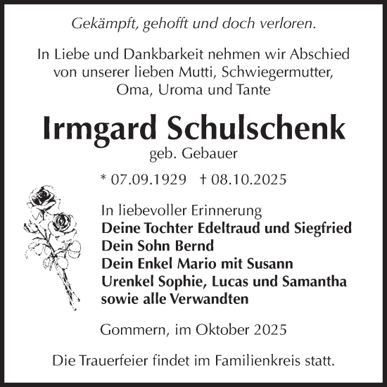 Traueranzeige von Irmgard Schulschenk von Volksstimme Burg/Genthin