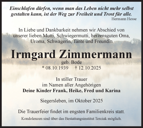 Traueranzeige von Irmgard Zimmermann von Volksstimme Oschersleben/Wanzleben