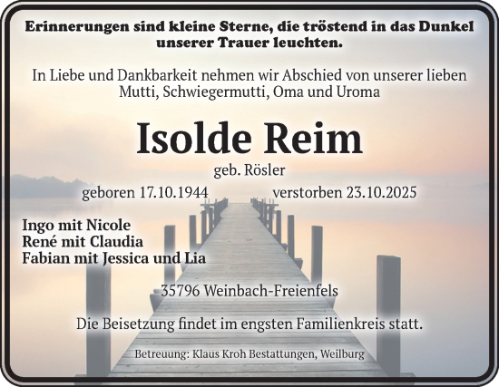 Traueranzeige von Isolde Reim von Volksstimme Wernigerode