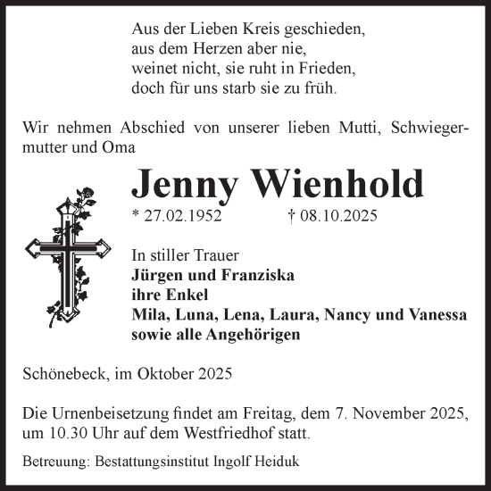 Traueranzeige von Jenny Wienhold von Volksstimme Schönebeck