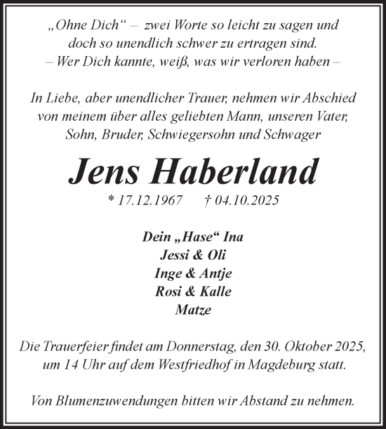 Traueranzeige von Jens Haberland von Volksstimme Magdeburg