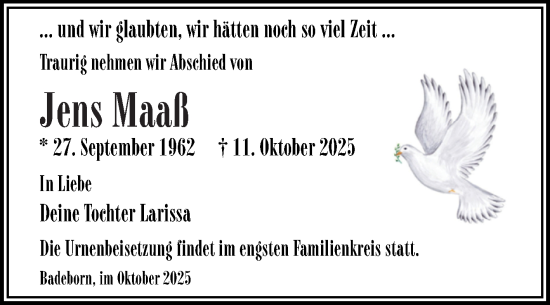 Traueranzeige von Jens Maaß von Trauerkombi Quedlinburg