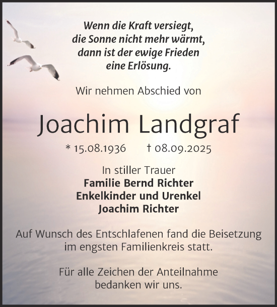 Traueranzeige von Joachim Landgraf von Trauerkombi Merseburg