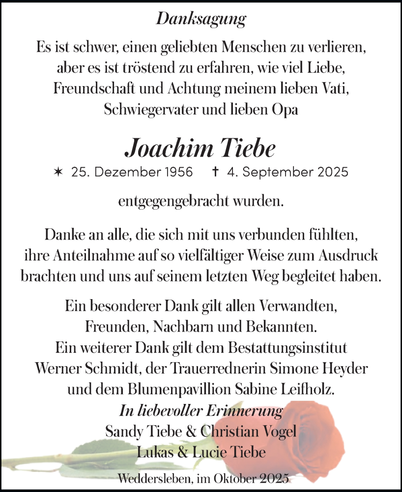  Traueranzeige für Joachim Tiebe vom 25.10.2025 aus Trauerkombi Quedlinburg