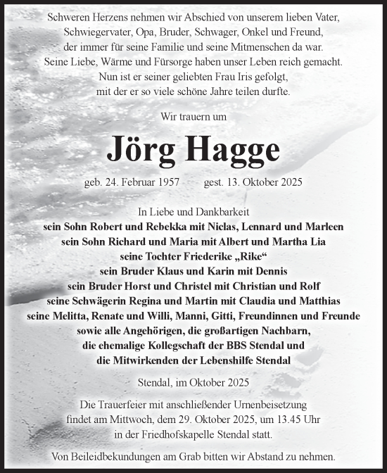 Traueranzeige von Jörg Hagge von Volksstimme Altmark Ost