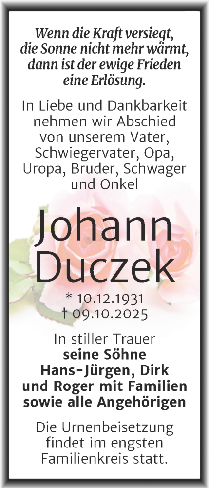 Traueranzeige von Johann Duczek von Trauerkombi Köthen